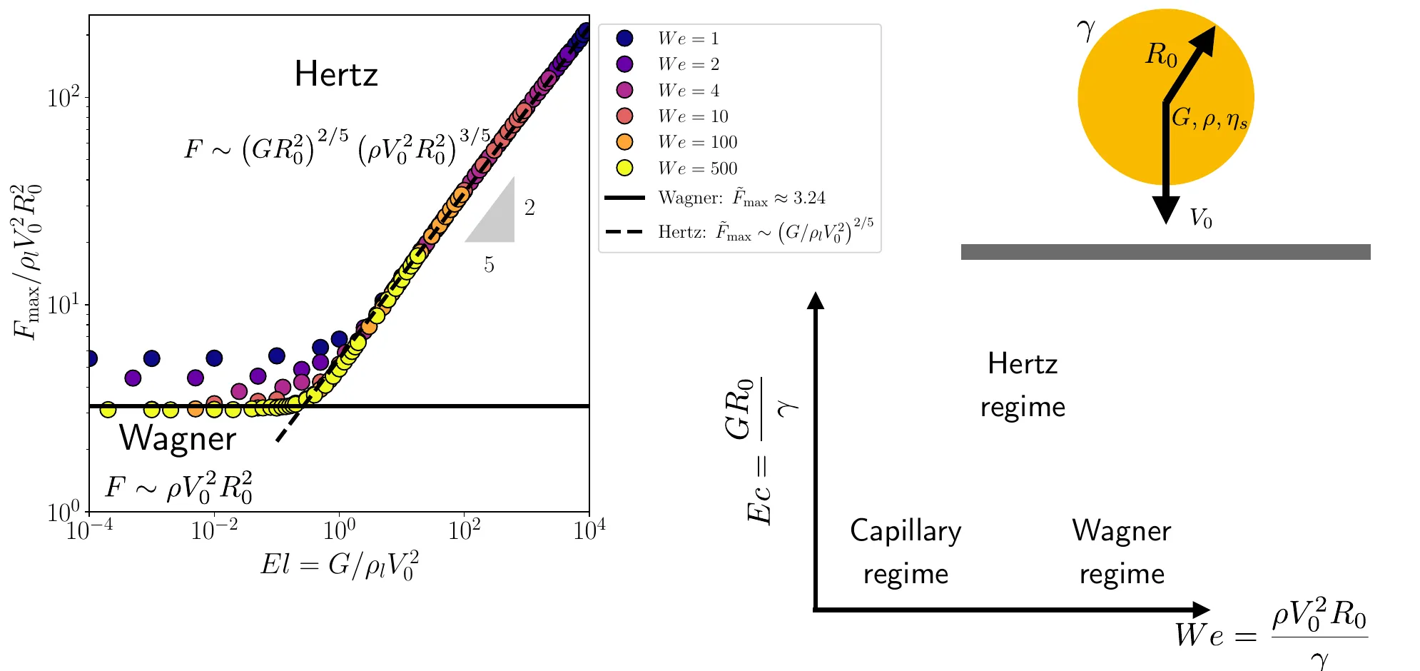 Peak impact force against elasticity number for Weber numbers 1 to 500, showing the Wagner plateau and Hertz scaling, beside a regime map of capillary, Wagner and Hertz regimes